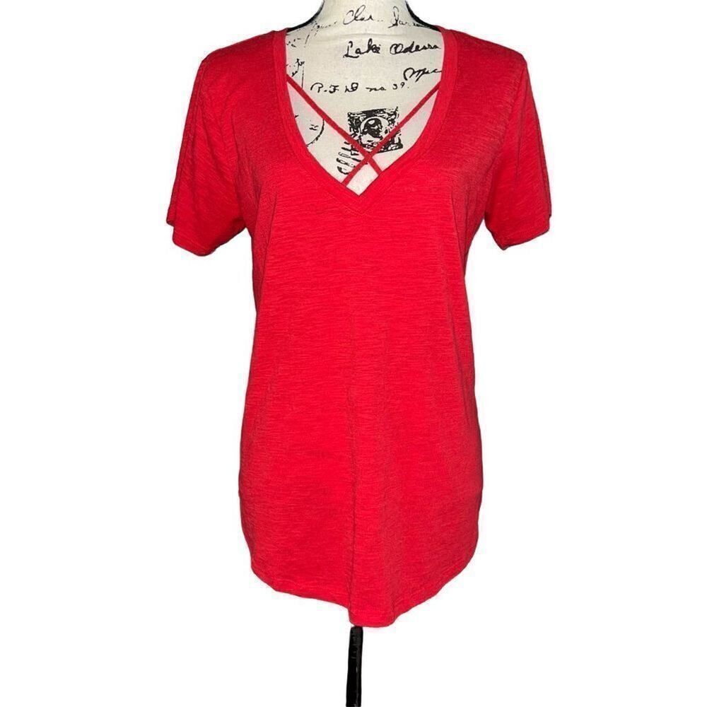 Altard State Womens Red Slub‎ Knit Strappy V-Neck Short Sleeve Top Large